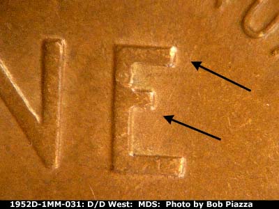 Die-stage B marker on 1952D•1MM•031 (1952 Repunched Mint Mark).