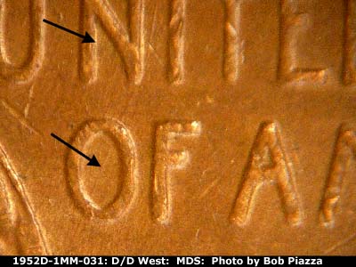 Die-stage B marker on 1952D•1MM•031 (1952 Repunched Mint Mark).