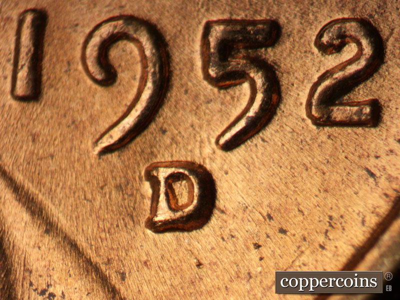 1952 Lincoln cent obverse, CopperCoins die 1952D•1MM•033.