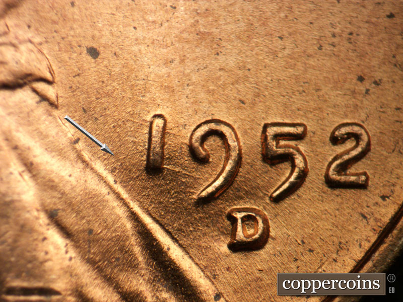 Die-stage B marker on 1952D•1MM•033 (1952 Repunched Mint Mark).