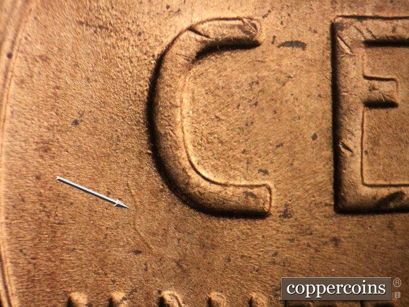 Die-stage B marker on 1952D•1MM•033 (1952 Repunched Mint Mark).