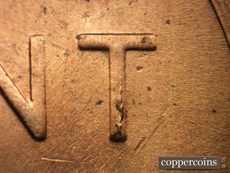 Die-stage B marker on 1952D•1MM•033 (1952 Repunched Mint Mark).