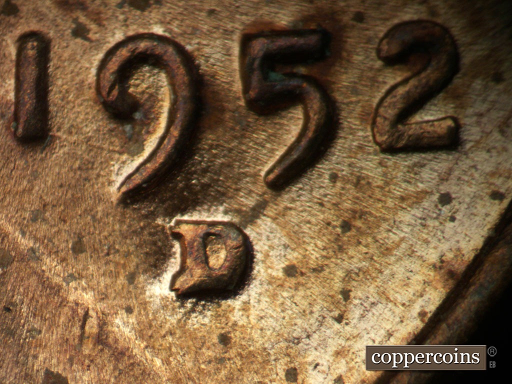 Die-stage B marker on 1952D•1MM•035 showing Closeup of repunched mint mark.