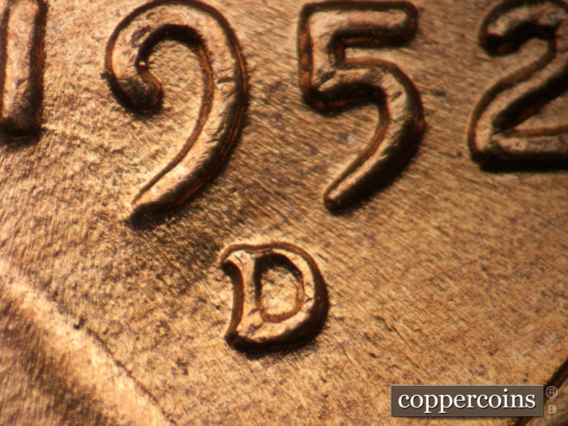 1952 Lincoln cent obverse, CopperCoins die 1952D•1MM•036.
