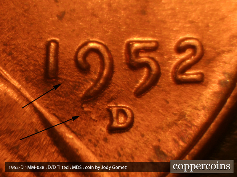 Die-stage B marker on 1952D•1MM•038 (1952 Repunched Mint Mark).