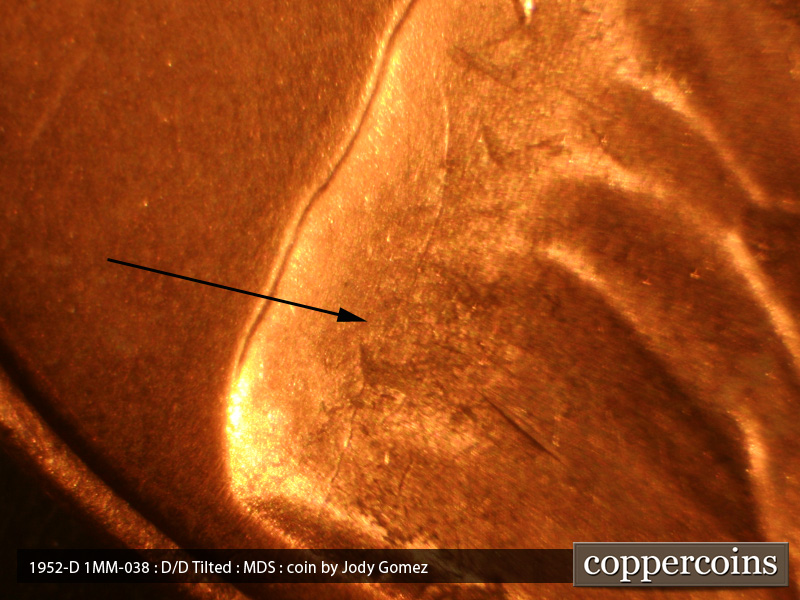 Die-stage B marker on 1952D•1MM•038 (1952 Repunched Mint Mark).