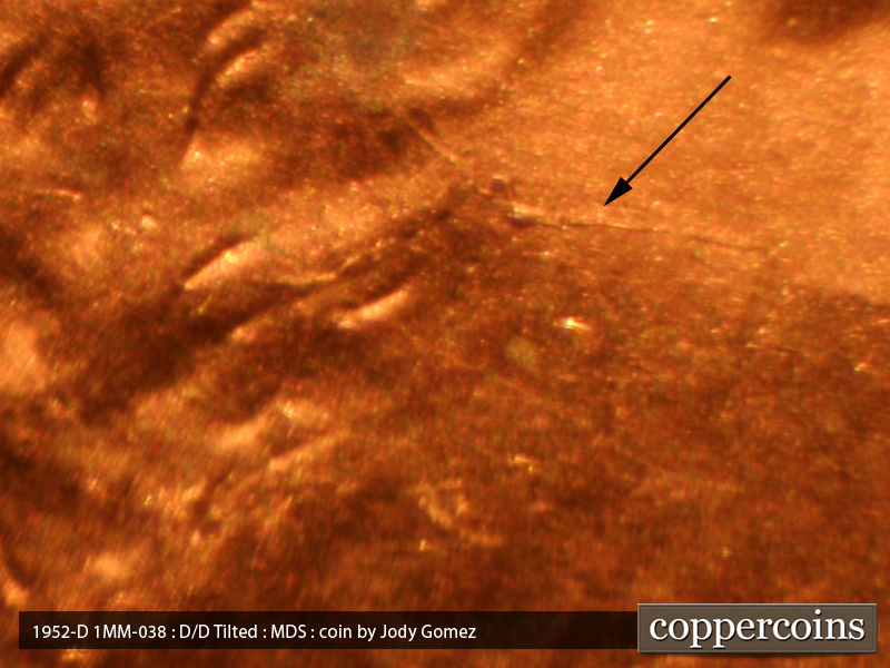 Die-stage B marker on 1952D•1MM•038 (1952 Repunched Mint Mark).