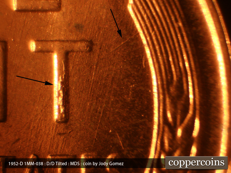 Die-stage B marker on 1952D•1MM•038 (1952 Repunched Mint Mark).