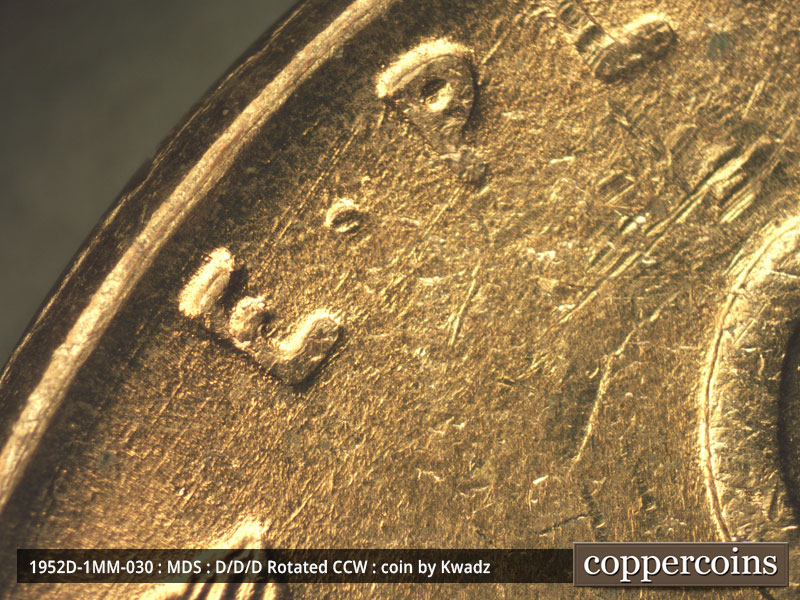 Die-stage B marker on 1952D•1MM•039 (1952 Repunched Mint Mark).