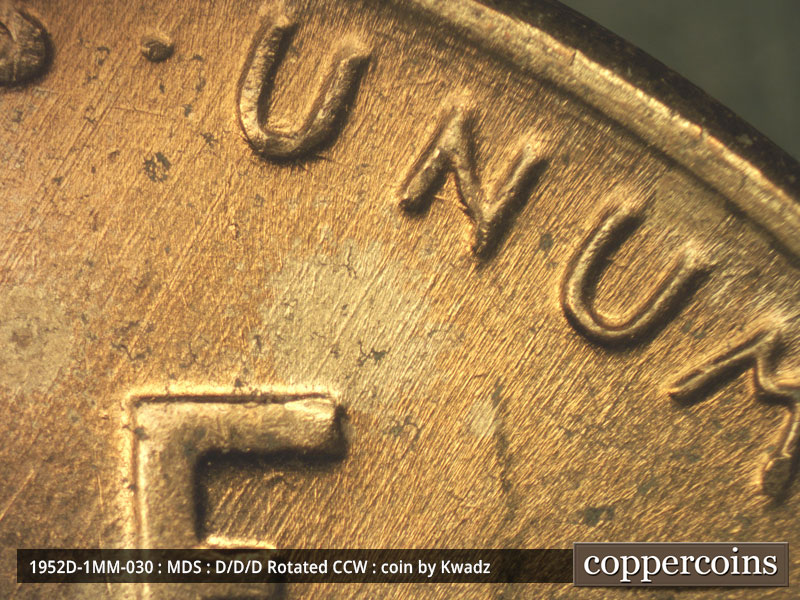 Die-stage B marker on 1952D•1MM•039 (1952 Repunched Mint Mark).
