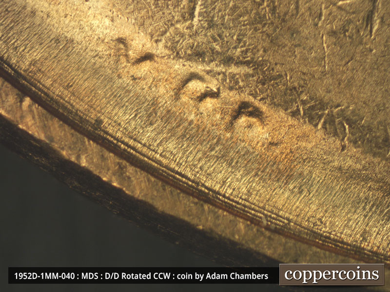 Die-stage B marker on 1952D•1MM•040 (1952 Repunched Mint Mark).