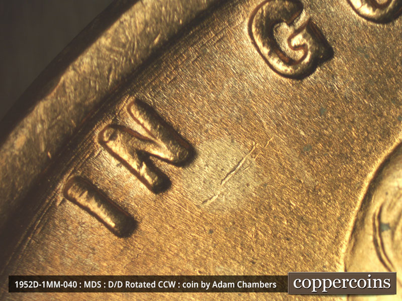 Die-stage B marker on 1952D•1MM•040 (1952 Repunched Mint Mark).