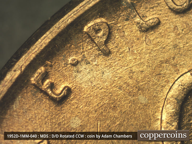 Die-stage B marker on 1952D•1MM•040 (1952 Repunched Mint Mark).