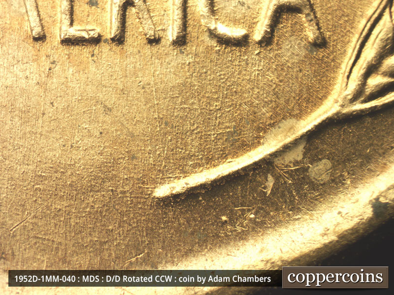 Die-stage B marker on 1952D•1MM•040 (1952 Repunched Mint Mark).