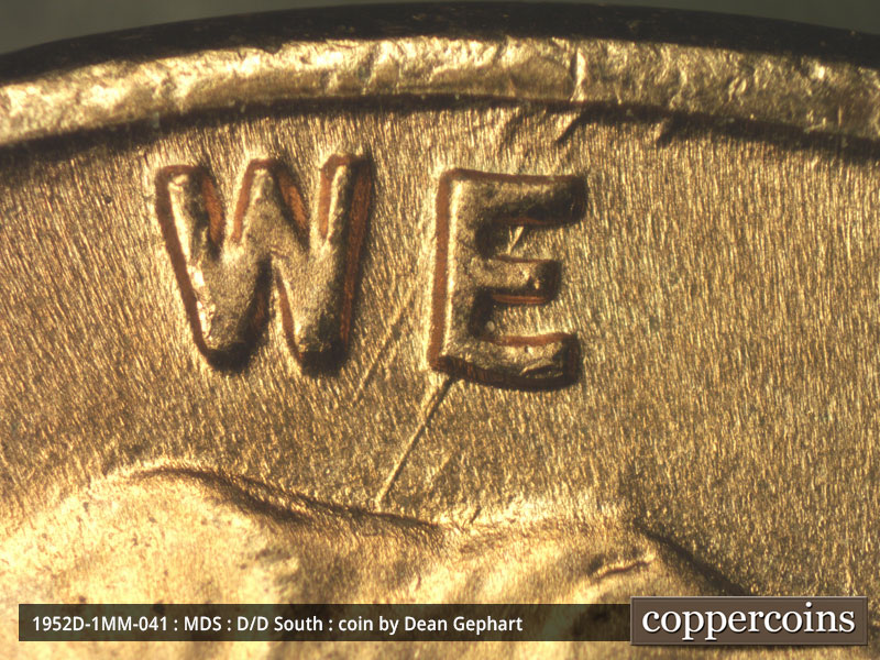 Die-stage B marker on 1952D•1MM•041 (1952 Repunched Mint Mark).