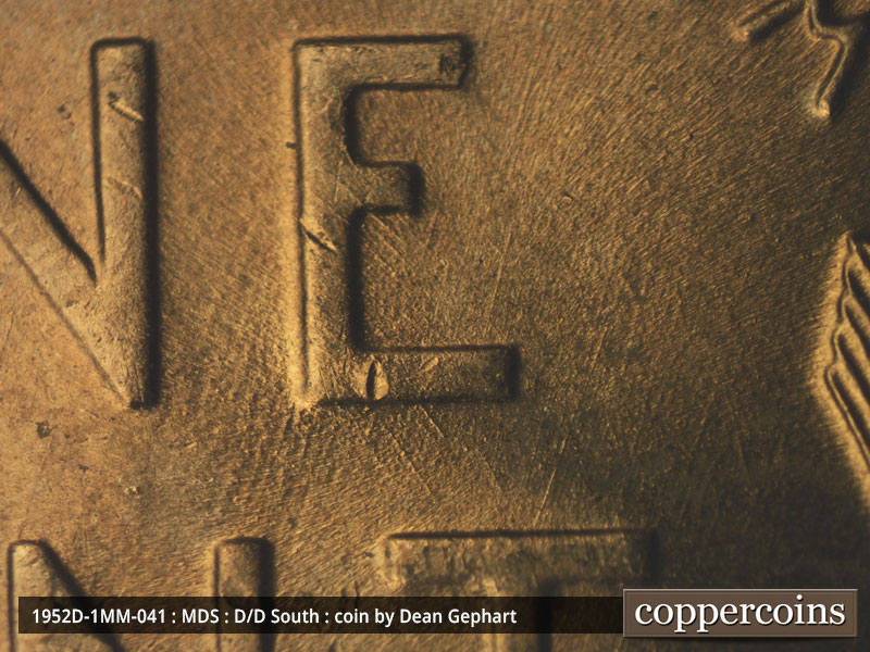 Die-stage B marker on 1952D•1MM•041 (1952 Repunched Mint Mark).
