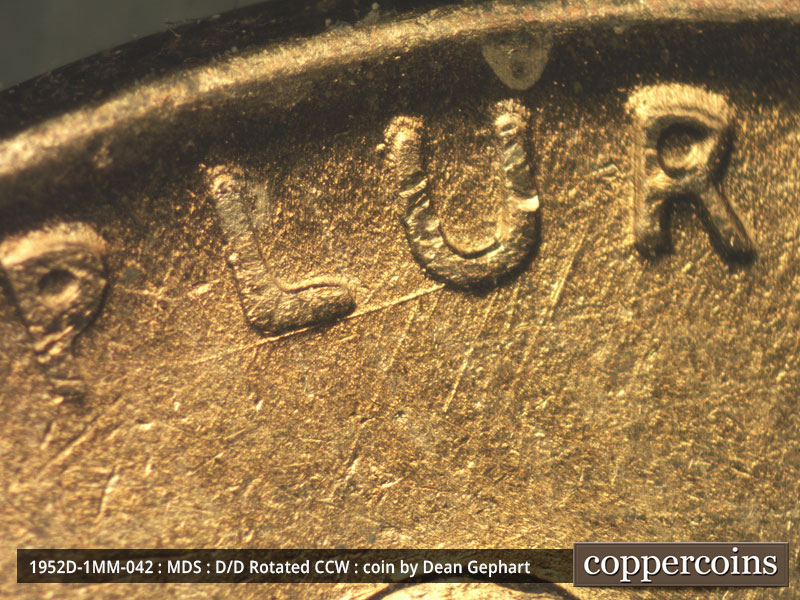 Die-stage B marker on 1952D•1MM•042 (1952 Repunched Mint Mark).