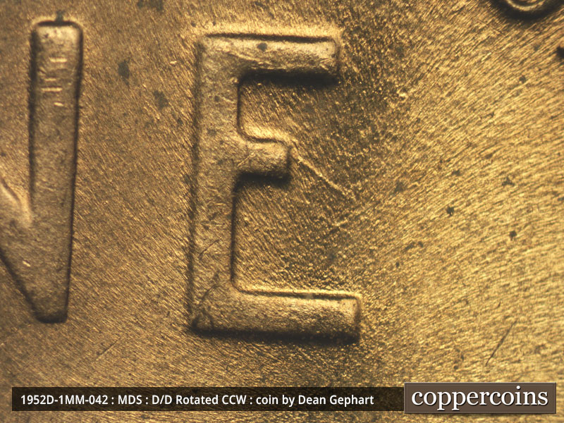Die-stage B marker on 1952D•1MM•042 (1952 Repunched Mint Mark).