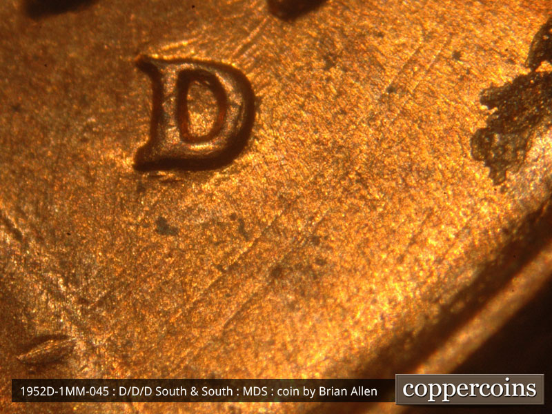 Die-stage B marker on 1952D•1MM•045 (1952 Repunched Mint Mark).