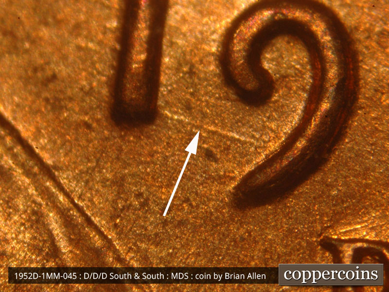 Die-stage B marker on 1952D•1MM•045 (1952 Repunched Mint Mark).