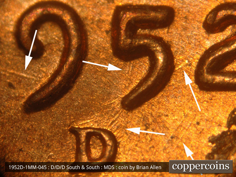 Die-stage B marker on 1952D•1MM•045 (1952 Repunched Mint Mark).