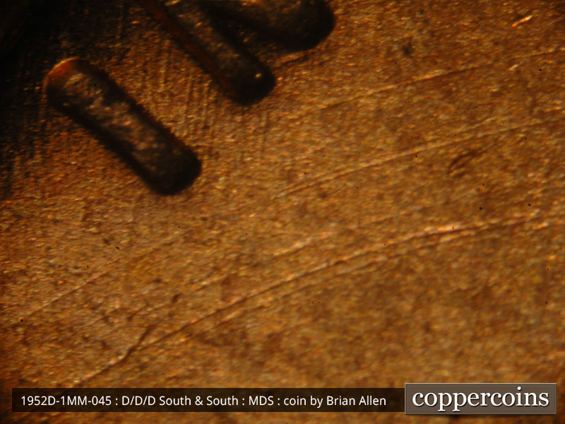 Die-stage B marker on 1952D•1MM•045 (1952 Repunched Mint Mark).