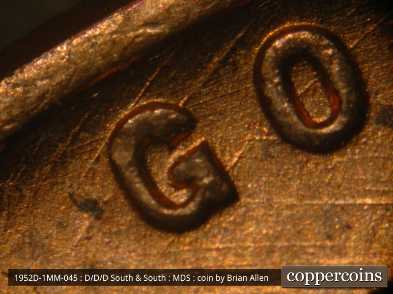 Die-stage B marker on 1952D•1MM•045 (1952 Repunched Mint Mark).