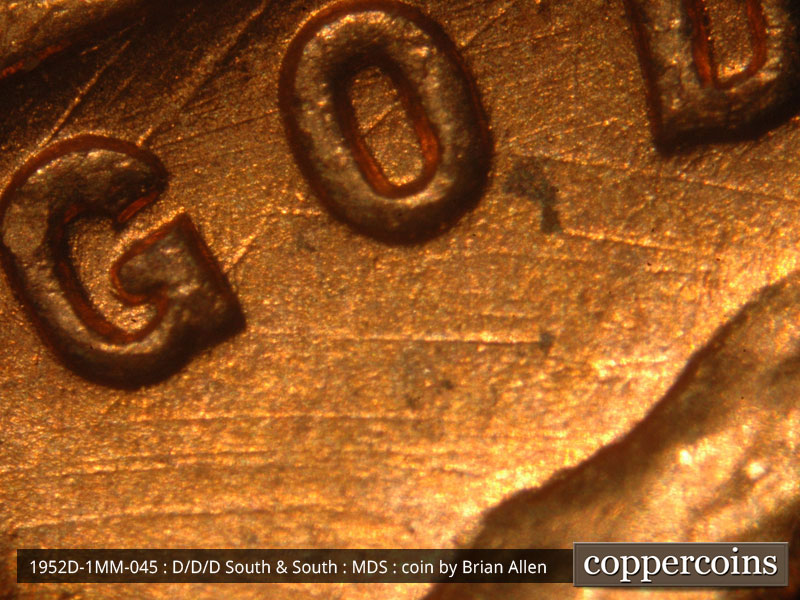 Die-stage B marker on 1952D•1MM•045 (1952 Repunched Mint Mark).