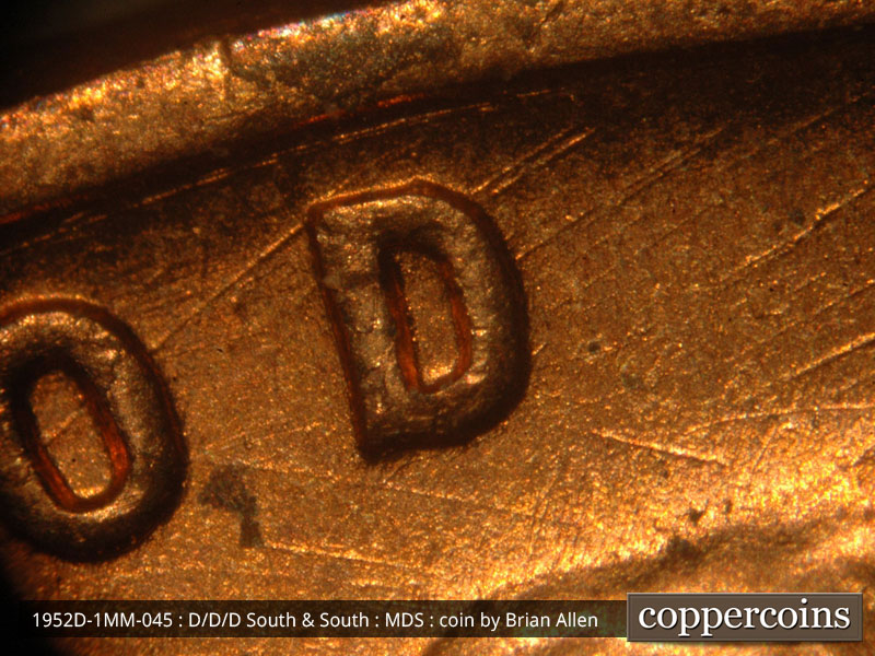 Die-stage B marker on 1952D•1MM•045 (1952 Repunched Mint Mark).