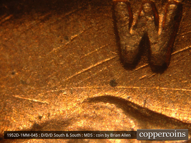 Die-stage B marker on 1952D•1MM•045 (1952 Repunched Mint Mark).