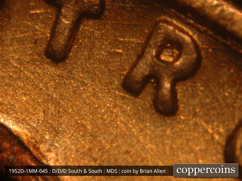 Die-stage B marker on 1952D•1MM•045 (1952 Repunched Mint Mark).