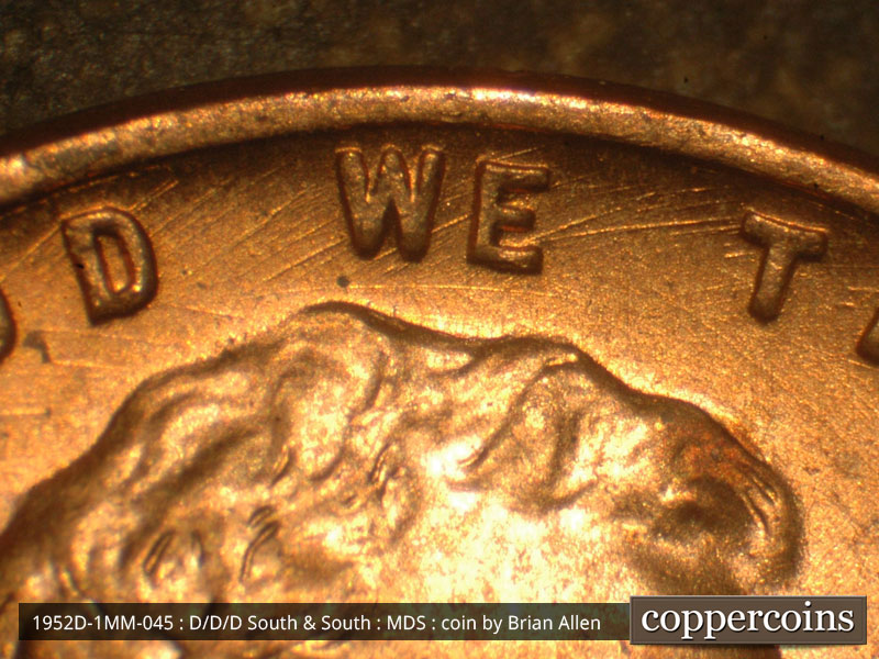 Die-stage B marker on 1952D•1MM•045 (1952 Repunched Mint Mark).