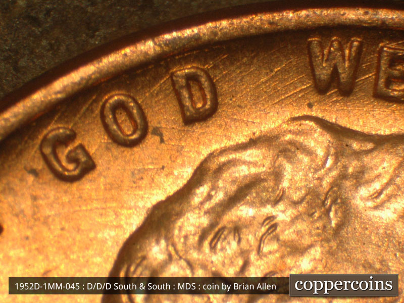 Die-stage B marker on 1952D•1MM•045 (1952 Repunched Mint Mark).