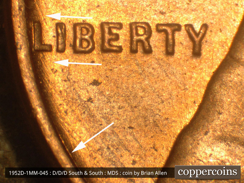 Die-stage B marker on 1952D•1MM•045 (1952 Repunched Mint Mark).