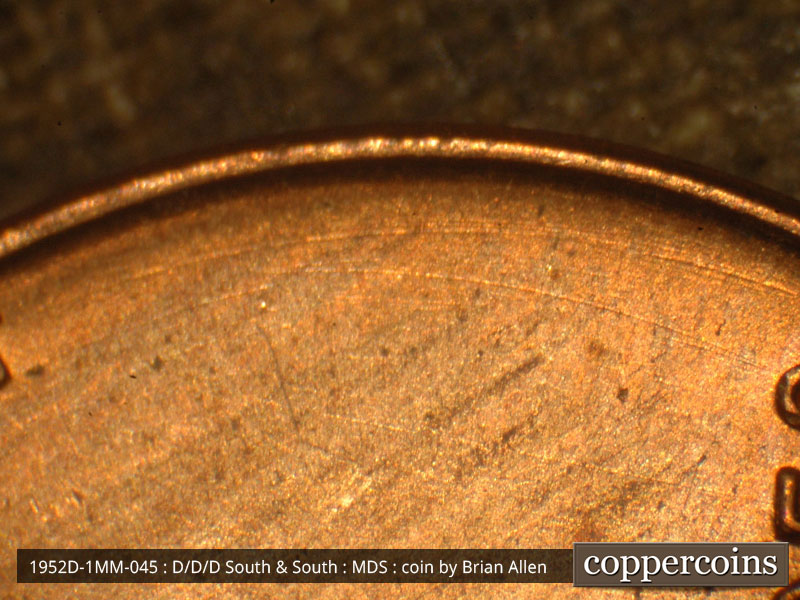 Die-stage B marker on 1952D•1MM•045 (1952 Repunched Mint Mark).
