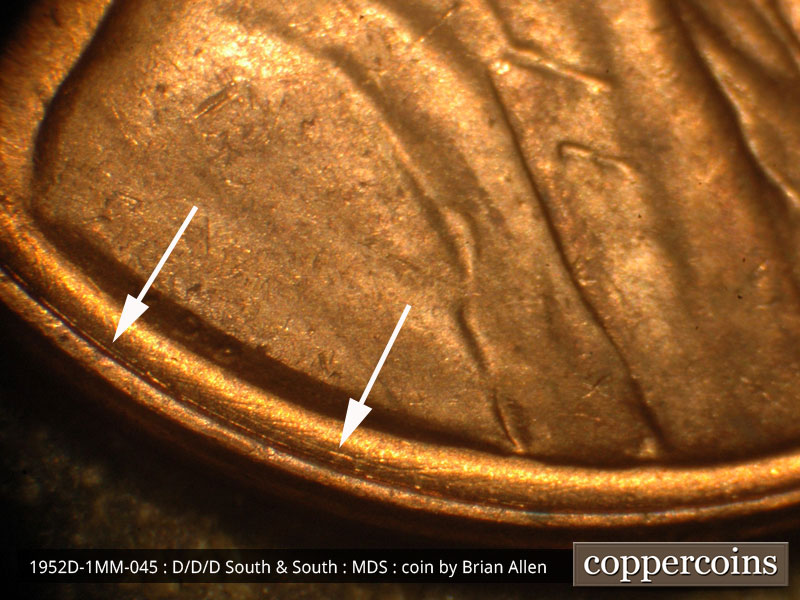 Die-stage B marker on 1952D•1MM•045 (1952 Repunched Mint Mark).