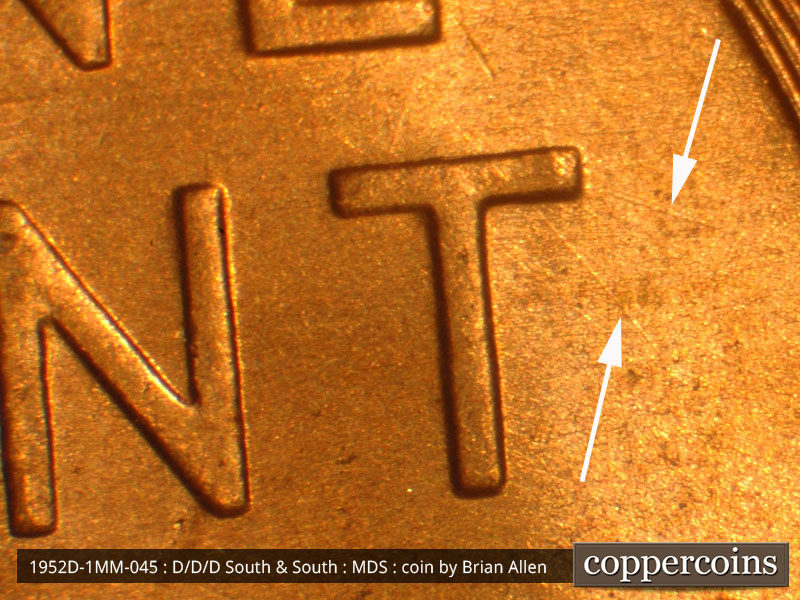 Die-stage B marker on 1952D•1MM•045 (1952 Repunched Mint Mark).