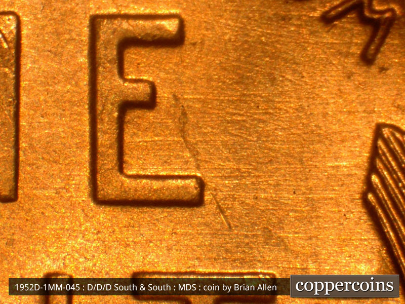 Die-stage B marker on 1952D•1MM•045 (1952 Repunched Mint Mark).