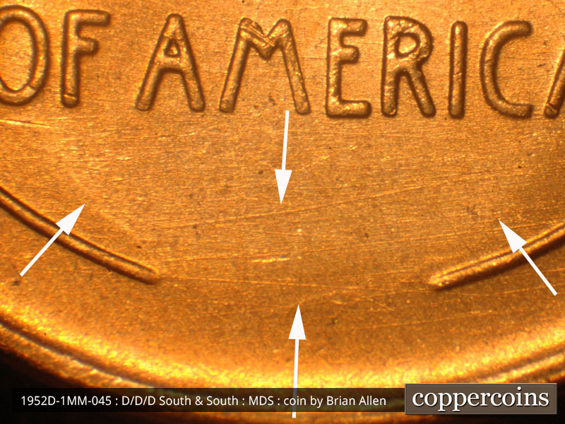 Die-stage B marker on 1952D•1MM•045 (1952 Repunched Mint Mark).
