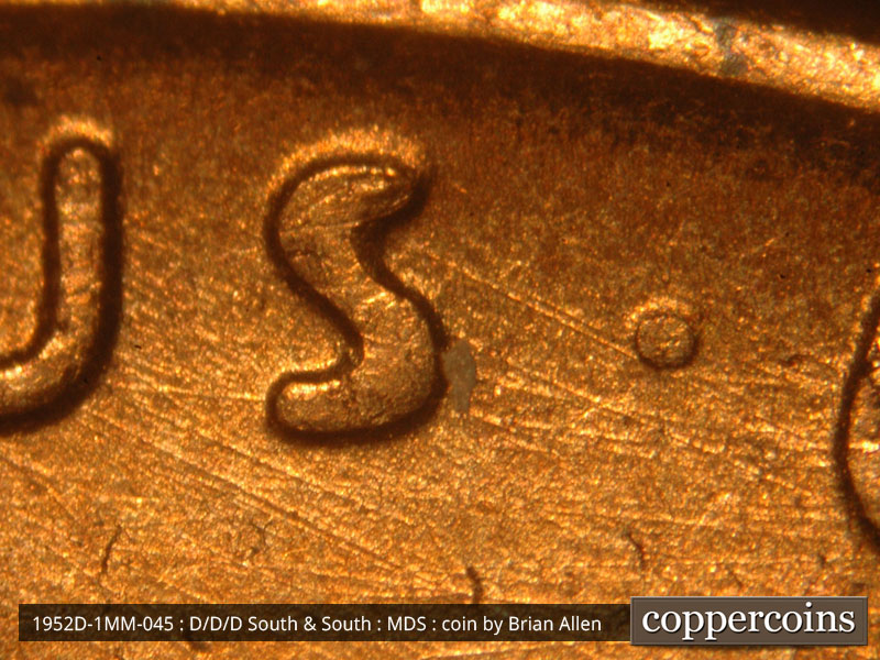Die-stage B marker on 1952D•1MM•045 (1952 Repunched Mint Mark).