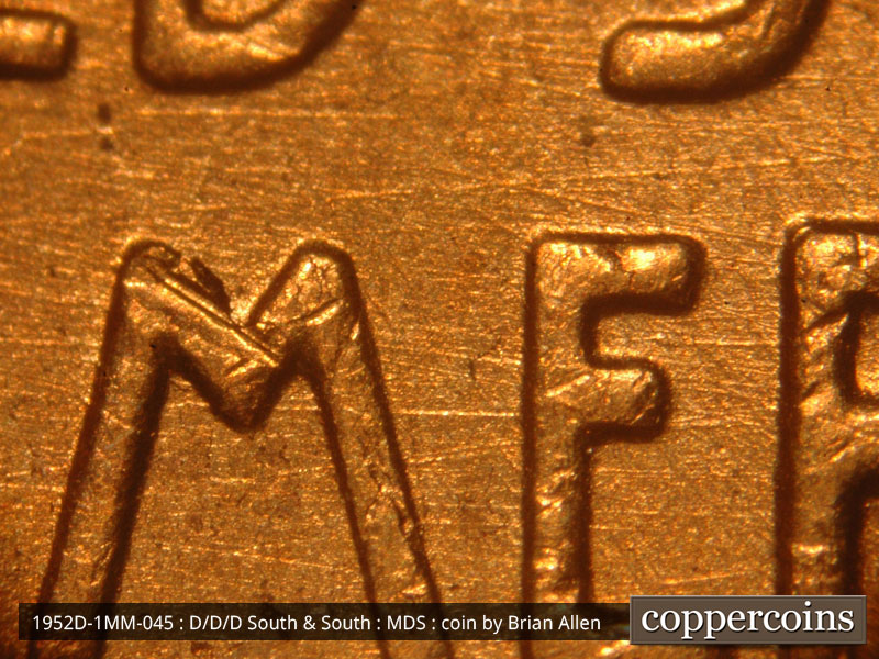 Die-stage B marker on 1952D•1MM•045 (1952 Repunched Mint Mark).