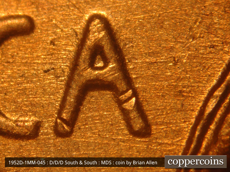 Die-stage B marker on 1952D•1MM•045 (1952 Repunched Mint Mark).