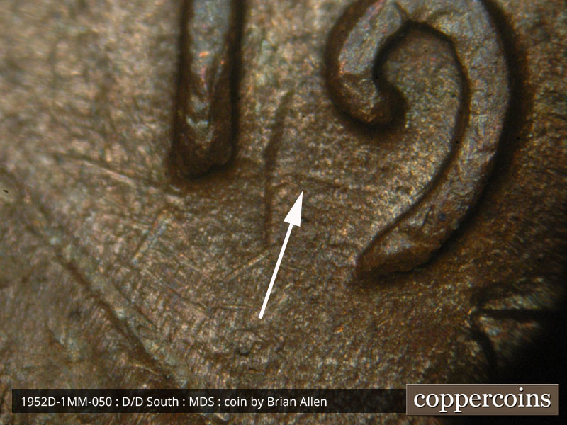 Die-stage B marker on 1952D•1MM•050 (1952 Repunched Mint Mark).
