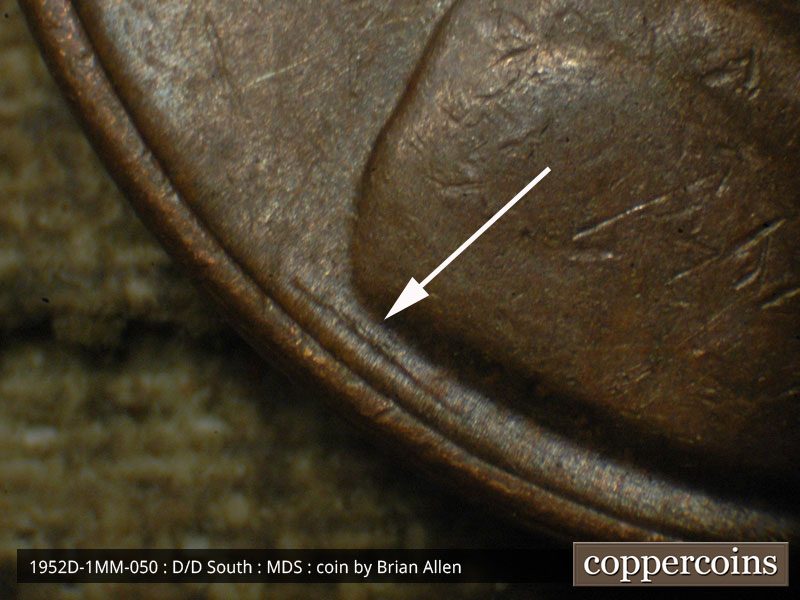 Die-stage B marker on 1952D•1MM•050 (1952 Repunched Mint Mark).