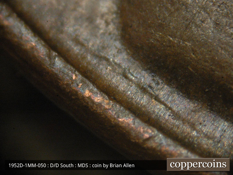 Die-stage B marker on 1952D•1MM•050 (1952 Repunched Mint Mark).