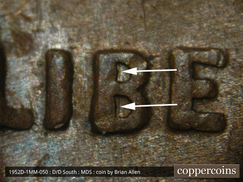 Die-stage B marker on 1952D•1MM•050 (1952 Repunched Mint Mark).