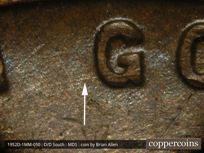 Die-stage B marker on 1952D•1MM•050 (1952 Repunched Mint Mark).