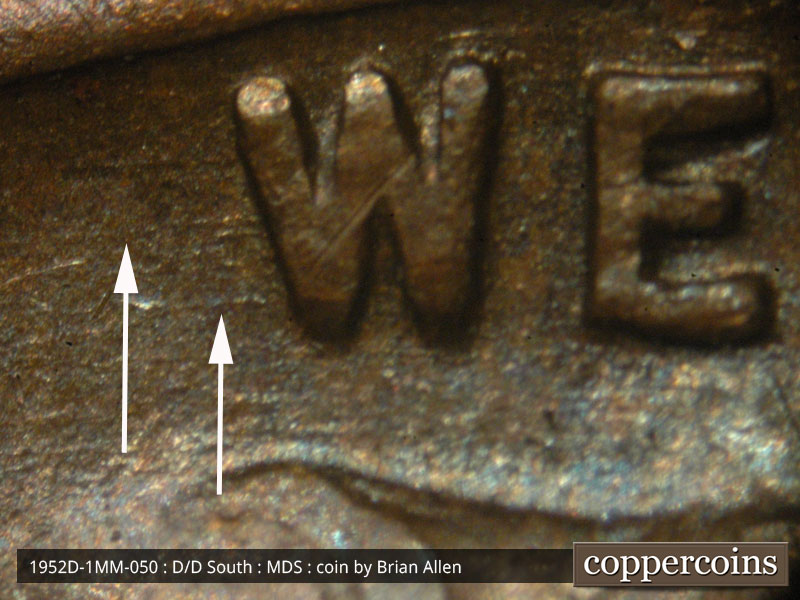 Die-stage B marker on 1952D•1MM•050 (1952 Repunched Mint Mark).