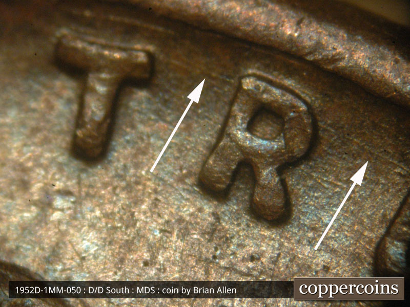 Die-stage B marker on 1952D•1MM•050 (1952 Repunched Mint Mark).