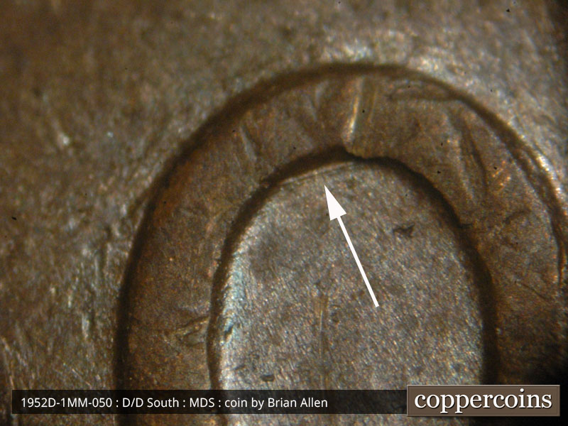 Die-stage B marker on 1952D•1MM•050 (1952 Repunched Mint Mark).